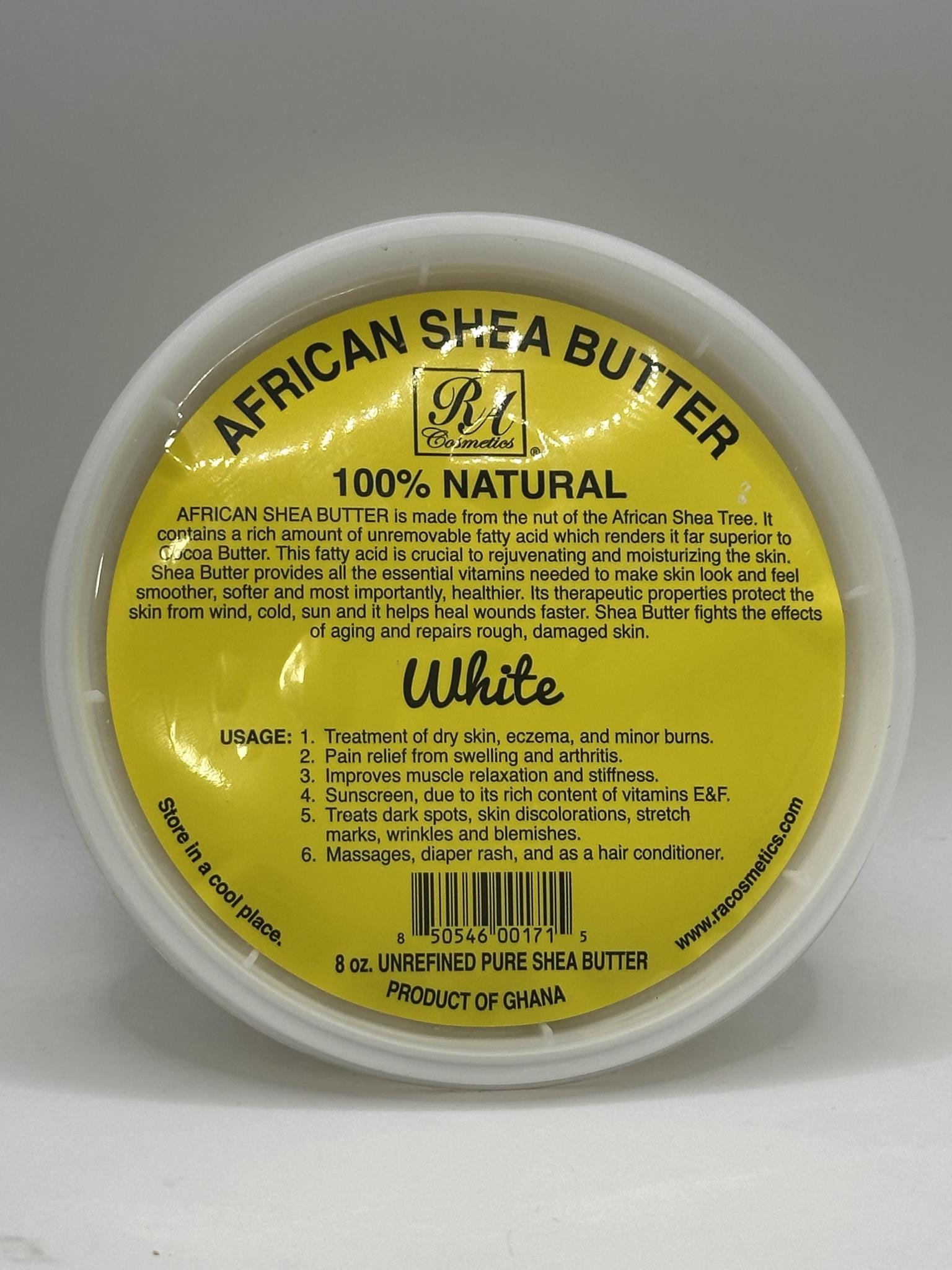 RA COSMETICS AFRICAN SHEA BUTTER 100% NATURAL WHITE SOLID 8oz.