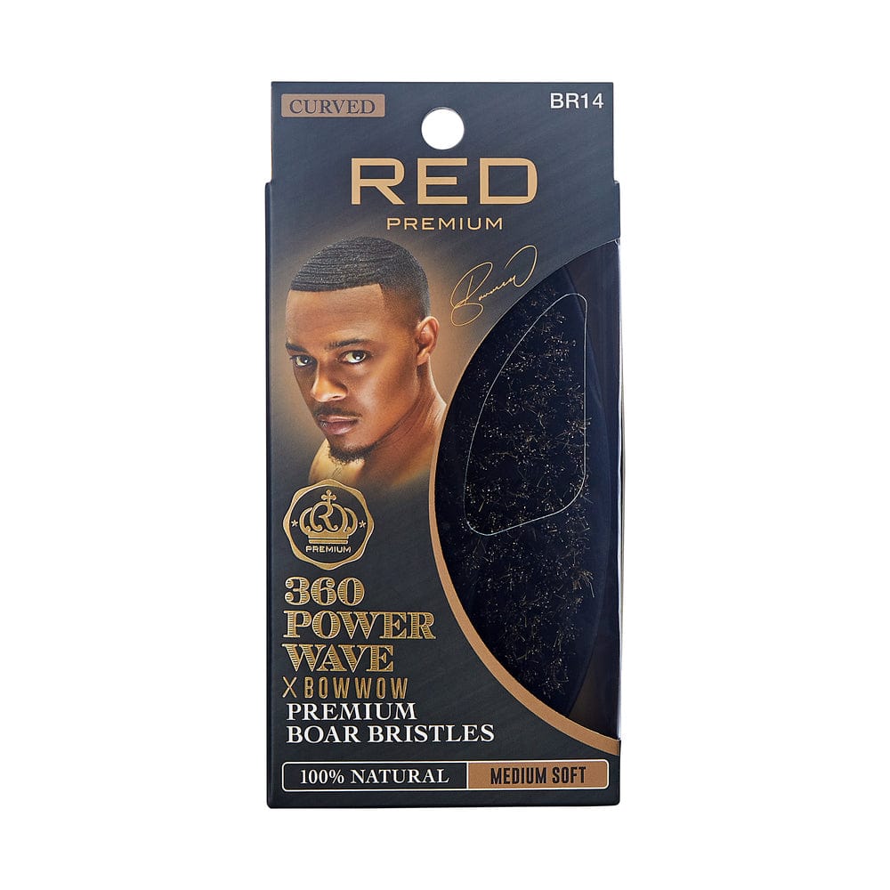 RED PREMIUM 360 POWER WAVE X BOW WOW 100% NATURAL MEDIUM SOFT BOAR BRISTLE CURVED WAVE BRUSH BR14