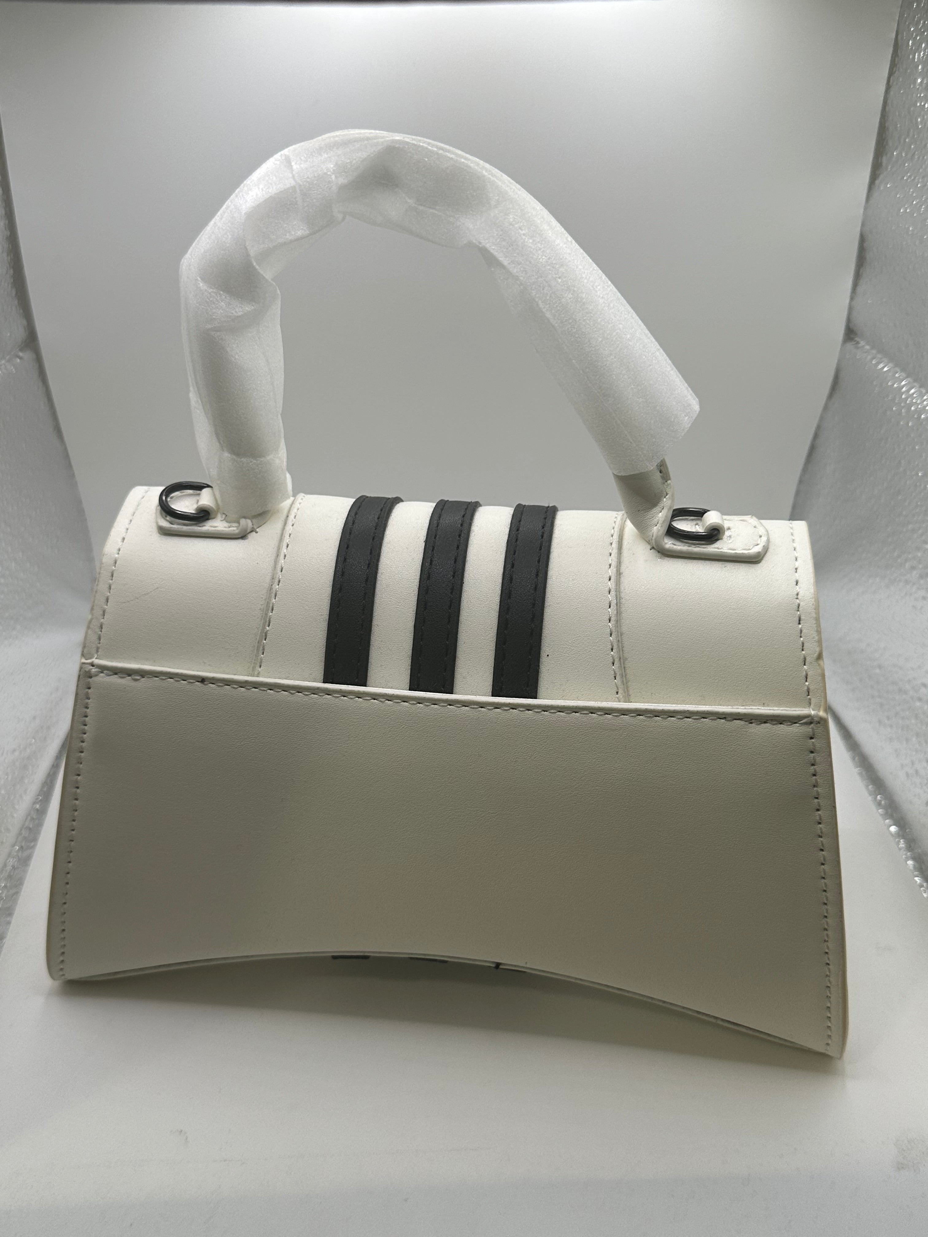 "REPLICATE BALENCIAGA" WHITE W/3 MIDDLE BLACK STRIPES & BLACK LETTER "B" HOURGLASS HANDBAG