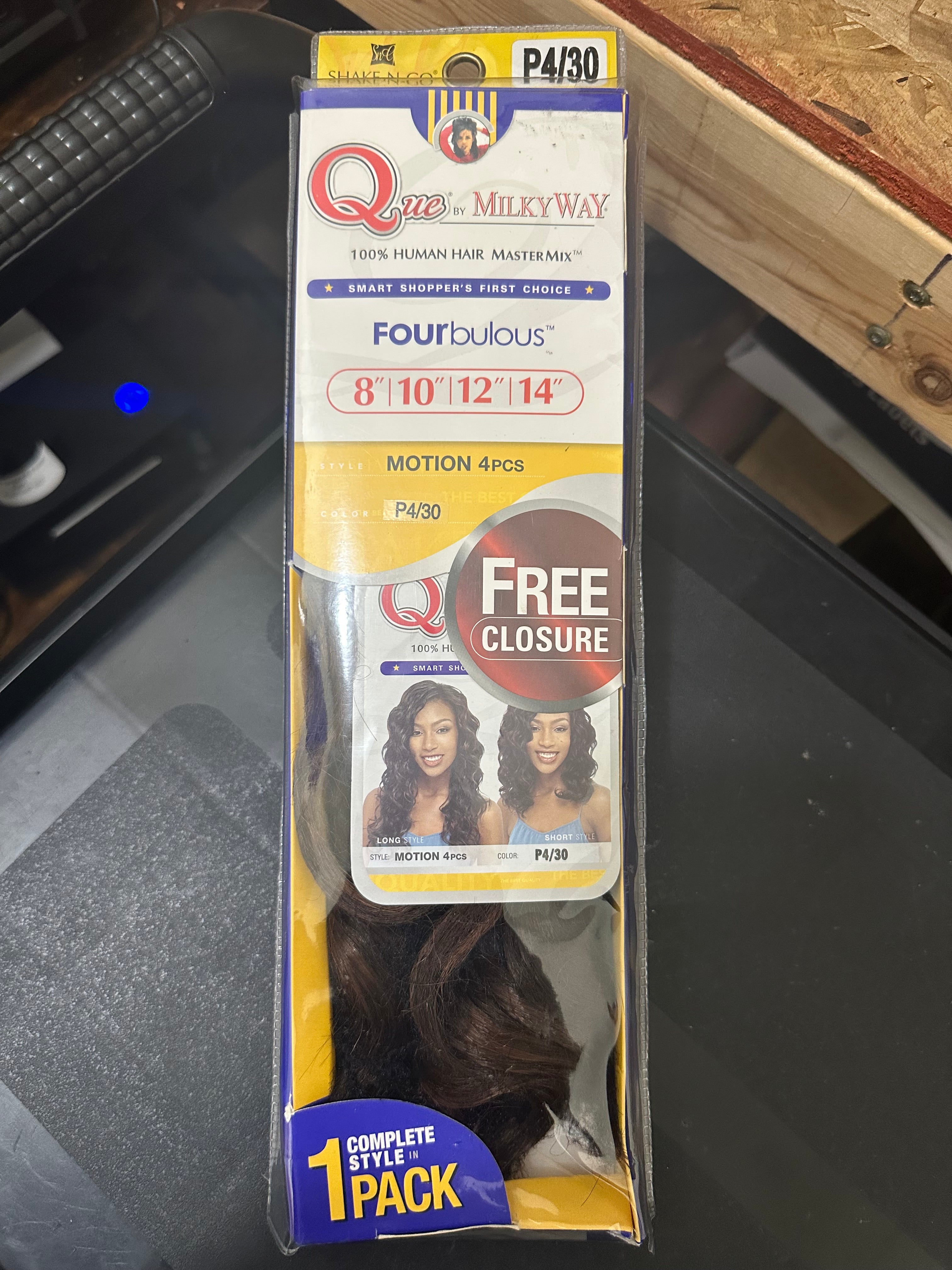 Shake-N-Go Que By MilkyWay 100% Human Hair Mastermix Fourbulous 8"10"12"14" Motion 4pcs Free Closure P4/30