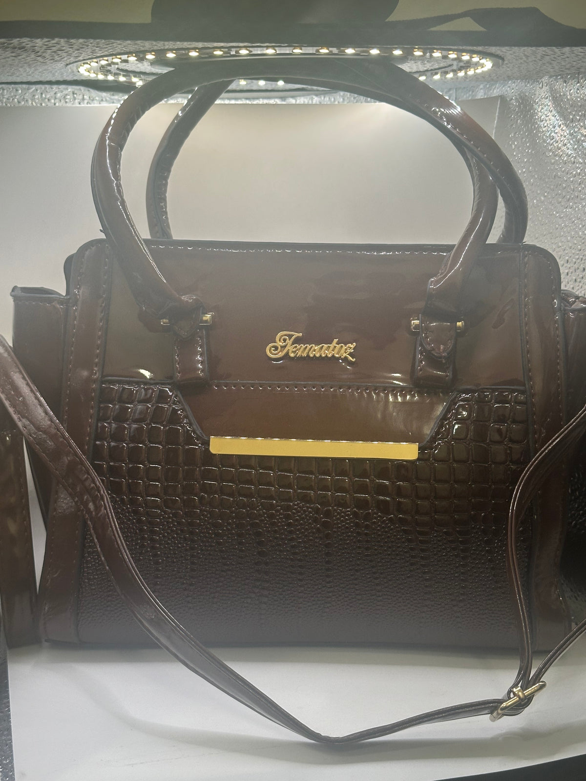 Fematoz Glossy Brown Croc-like Handbag