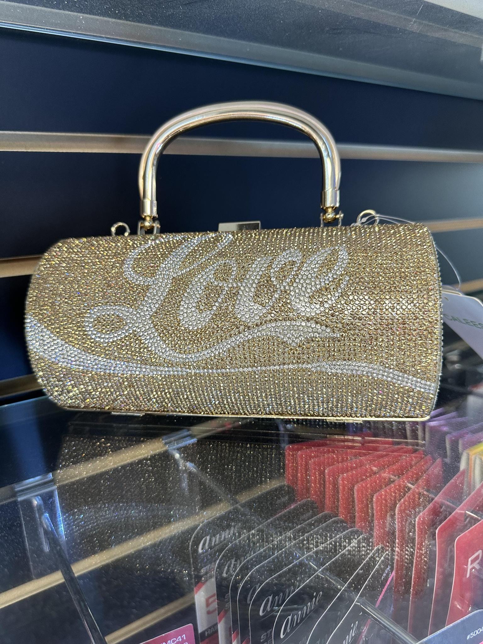FASHION BARREL STYLE BEDAZZLED "LOVE" RHINESTONES HANDBAG