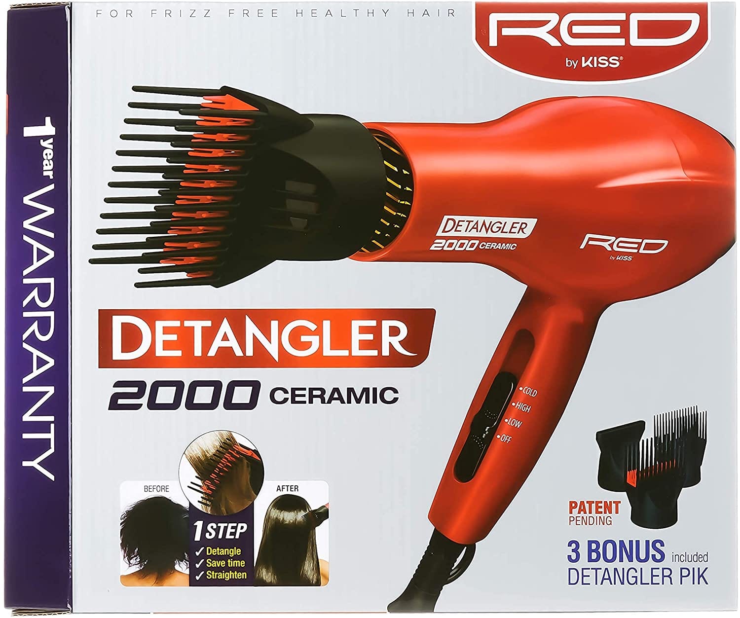 RED BY KISS DETANGLER 2000 CERAMIC W/3 BONUS ATTACHMENTS