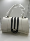 "REPLICATE BALENCIAGA" WHITE W/3 MIDDLE BLACK STRIPES & BLACK LETTER "B" HOURGLASS HANDBAG