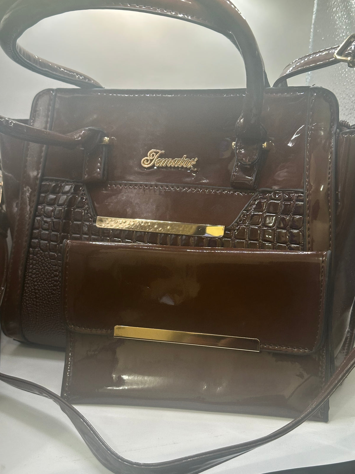 Fematoz Glossy Brown Croc-like Handbag