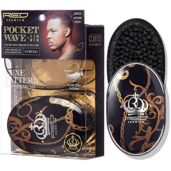 RED PREMIUM POCKET WAVE X BOW WOW 100% PREMIUM CURVED MEDIUM BOAR BRISTLE LUXURY WAVE BRUSH WITH CASE BR05