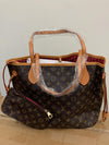 LOUIS VUITTON REPLICATE MONOGRAM BROWN NEVERFULL TOTE W/STRIPED RED & BLACK INTERIOR HANDBAG